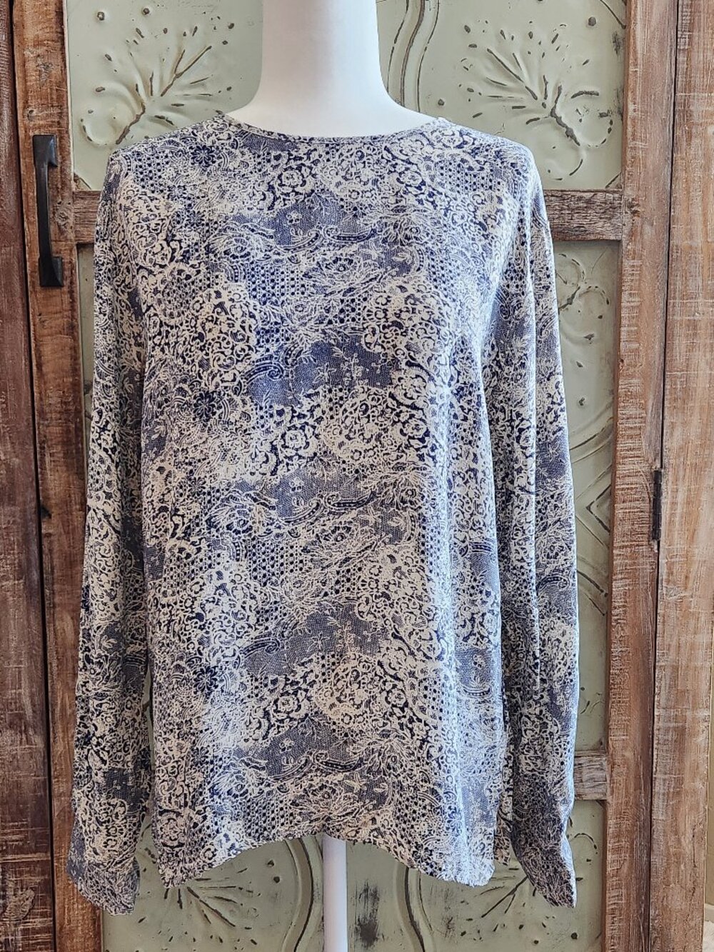 SilkLand 100% Pure Silk Lace Print Long Sleeve Blouse | Large